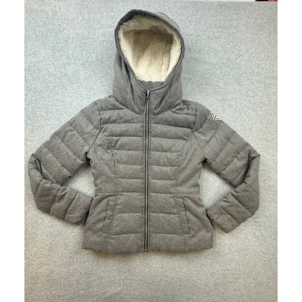 Hollister Grey Herringbone Puffer Jacket Faux Shearling Lined Hooded Small